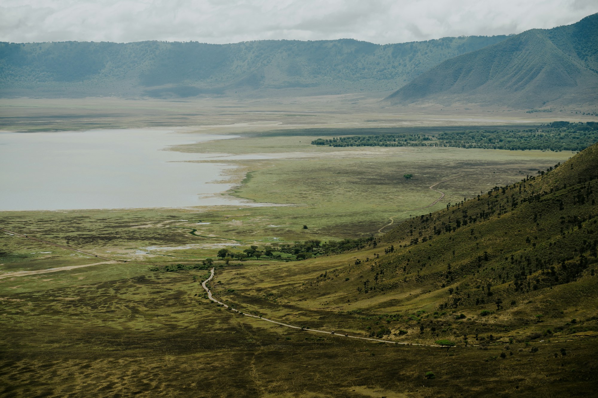 View over the Ngorongoro Crater floor and lake from the crater rim