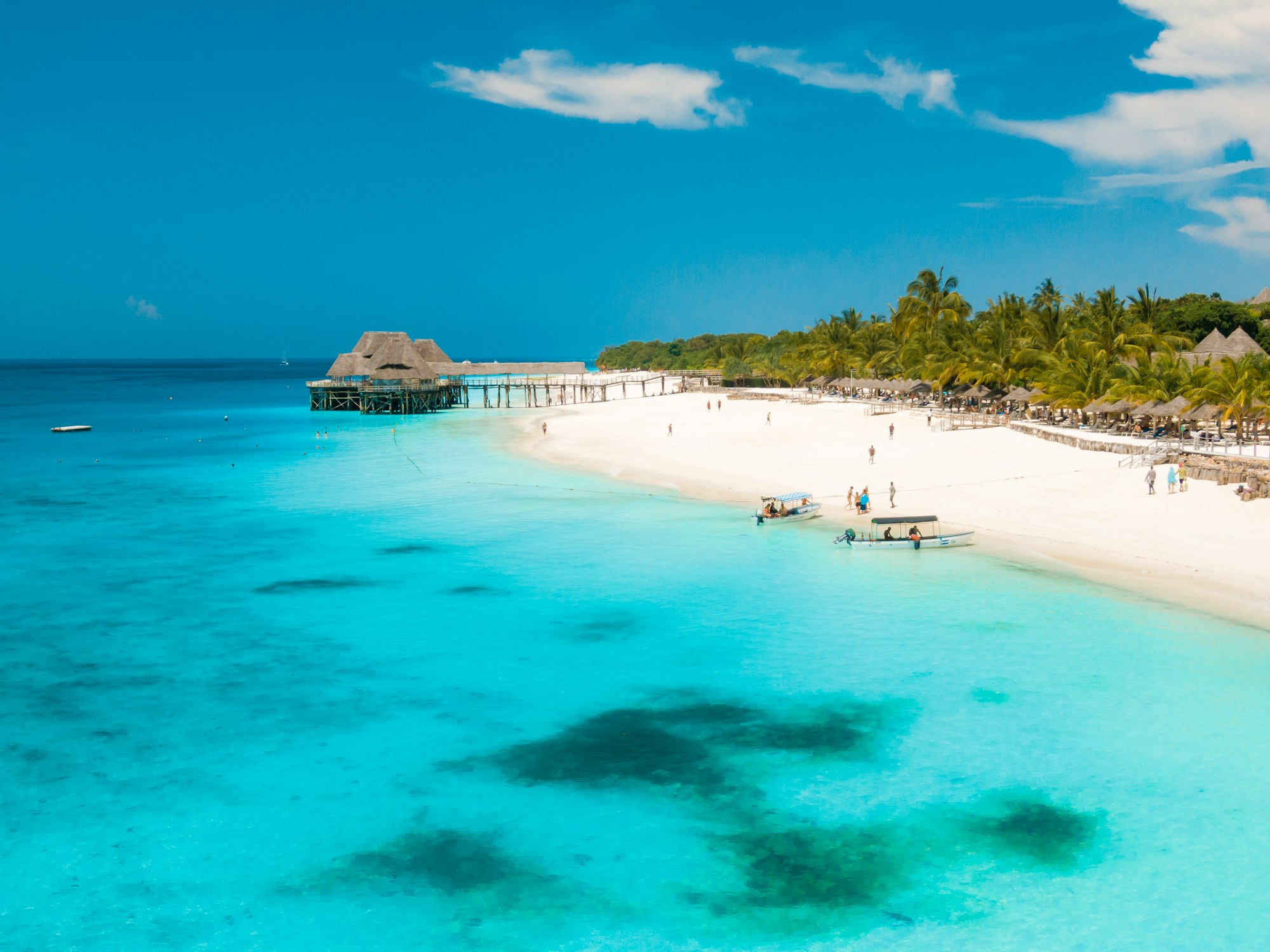 White sand beach with palm trees and turquoise water on Zanzibar